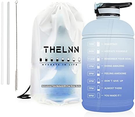 THELNN 1 Gallon Sticlă de apă motivațională cu paie, marcaj de timp și scurgeri de apă BPA Free Water, sală de fitness în aer