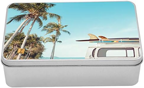 Cutie metalică Vintage Vintage, fotografie cu palmieri de van și plăci de surf la plajă, container cu cutie de staniu dreptunghiulară multifuncțională cu capac, 7,2 x 4,7 x 2,2 , multicolor Sky Blue Blue