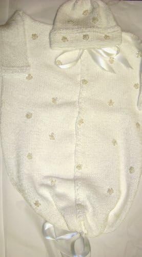 Croșet tricotat finisat alb Chenille Baby Bunting Set cu flori de paiete