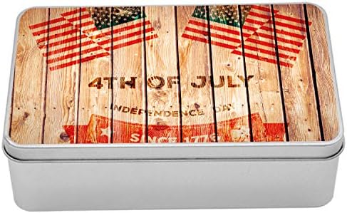 Cutie metalică din 4 iulie din Amentare, scânduri din lemn cu design de pavilion al Statelor Unite și banner colorat, container